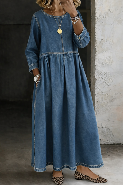 Sara – Relaxed Denim-Look Gathered Maxi Dress