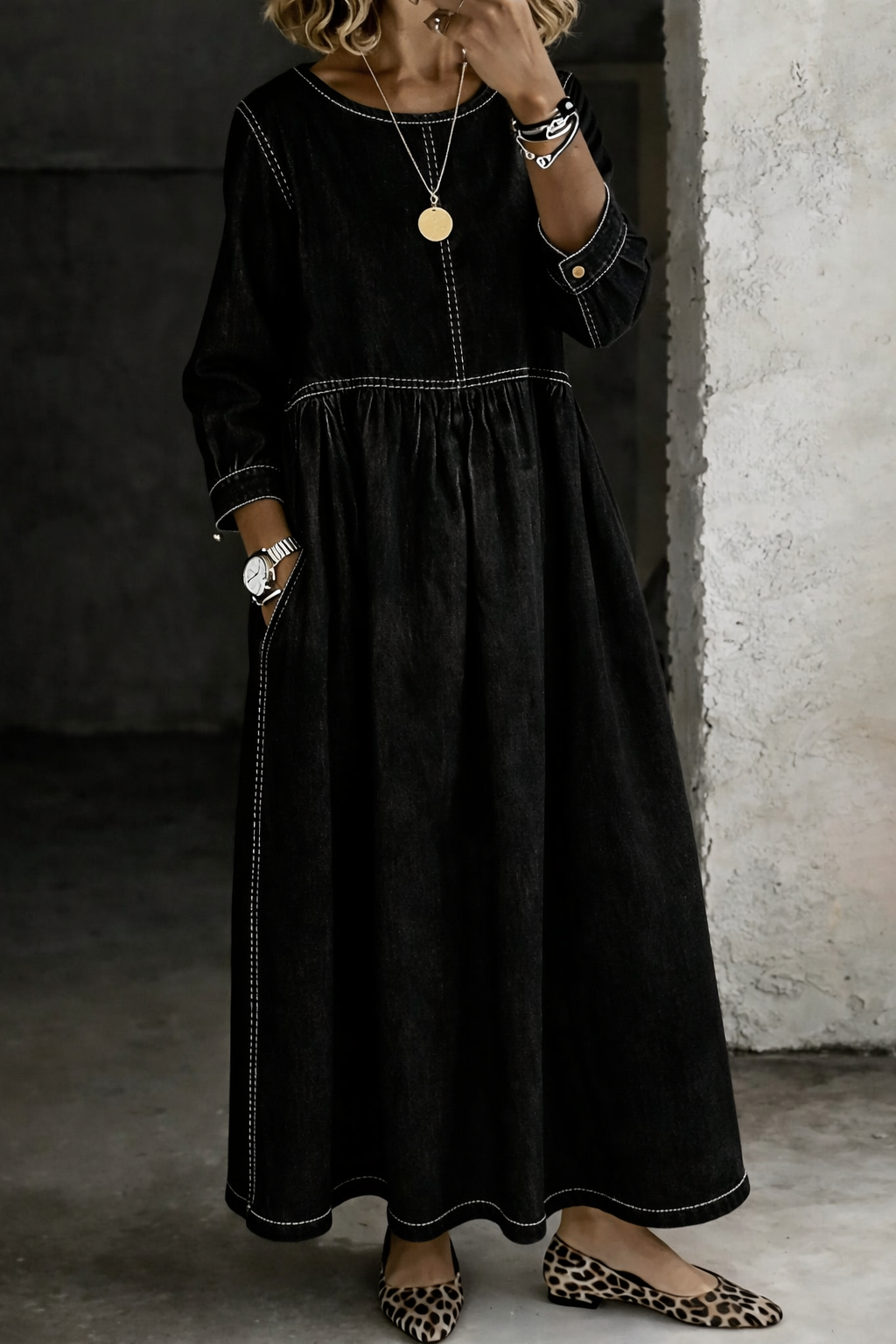 Sara – Relaxed Denim-Look Gathered Maxi Dress