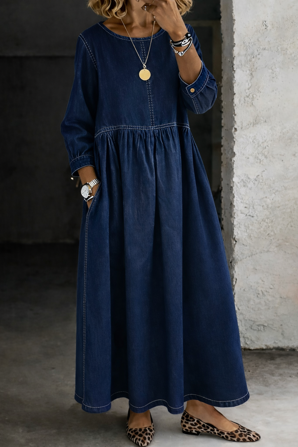 Sara – Relaxed Denim-Look Gathered Maxi Dress