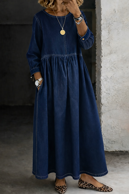 Sara – Relaxed Denim-Look Gathered Maxi Dress