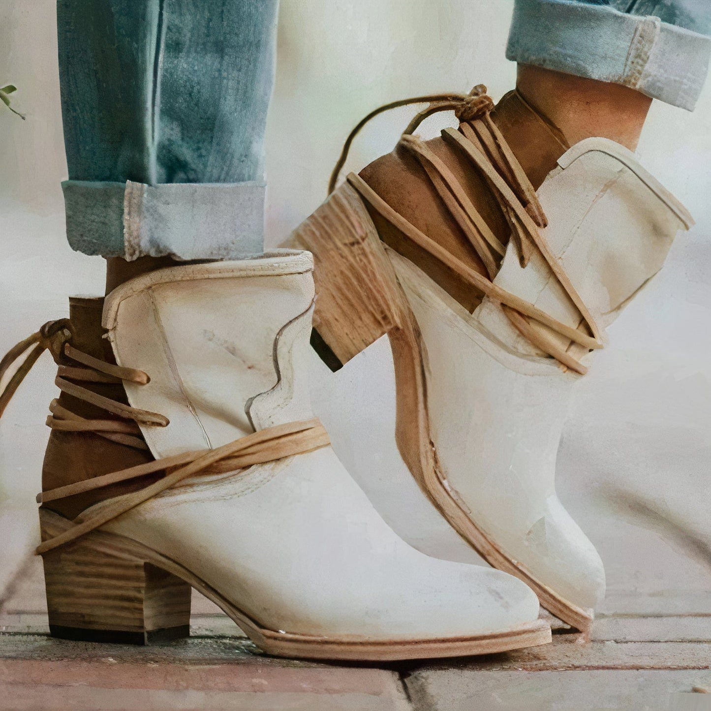 Milana | Ankle Boots – Western Style – Block Heel – Wrapped Lacing Detail