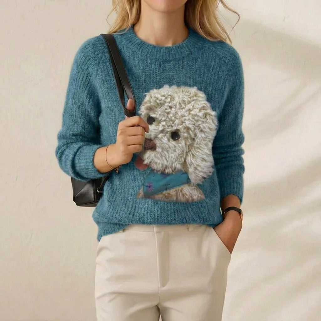 Barbara – Fluffy Knit Sweater with Puppy Motif