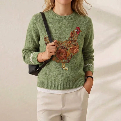 Vera – Floral Hen Embroidered Knit Sweater