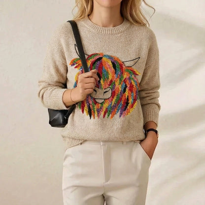 Carla – Knit Sweater with Rainbow Cow Graphic