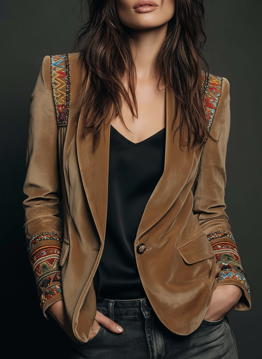Laura – Velvet Blazer with Embroidered Detail