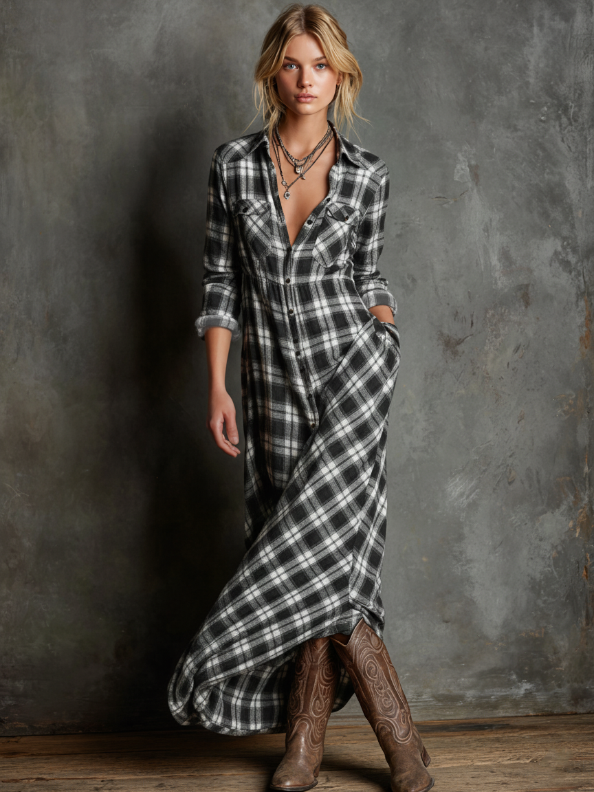 Marie – Plaid Button-Down Maxi Dress