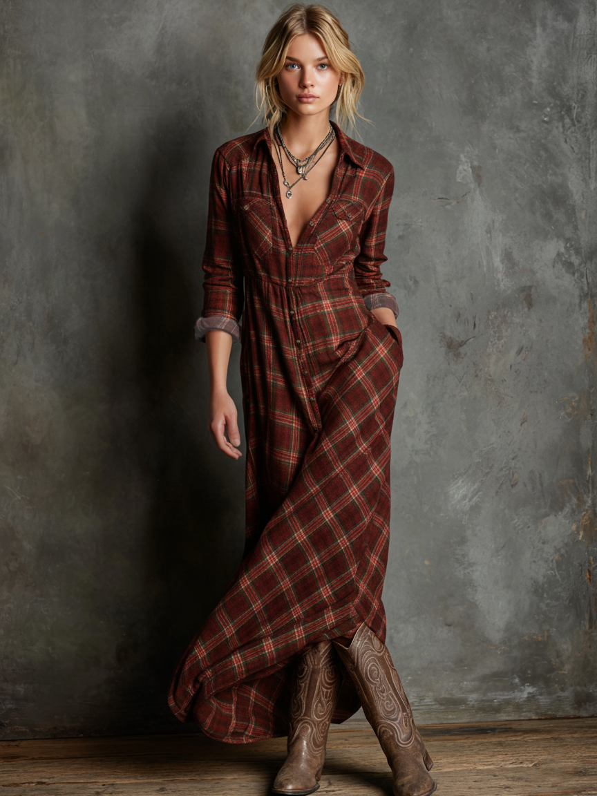 Marie – Plaid Button-Down Maxi Dress