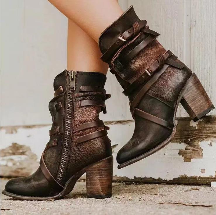 Makenzy | Ankle Boots - Slouchy Distressed Design - Buckle Straps - Block Heel