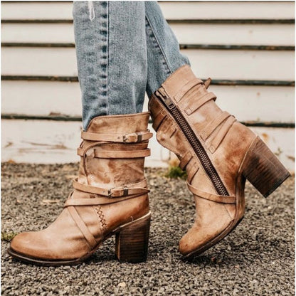 Makenzy | Ankle Boots - Slouchy Distressed Design - Buckle Straps - Block Heel