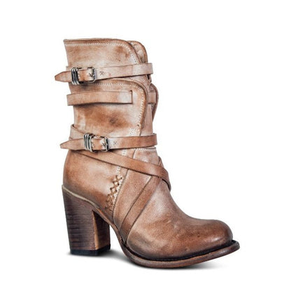 Makenzy | Ankle Boots - Slouchy Distressed Design - Buckle Straps - Block Heel