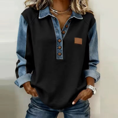 Jane – Two-Tone Denim-Look Collared Sweatshirt