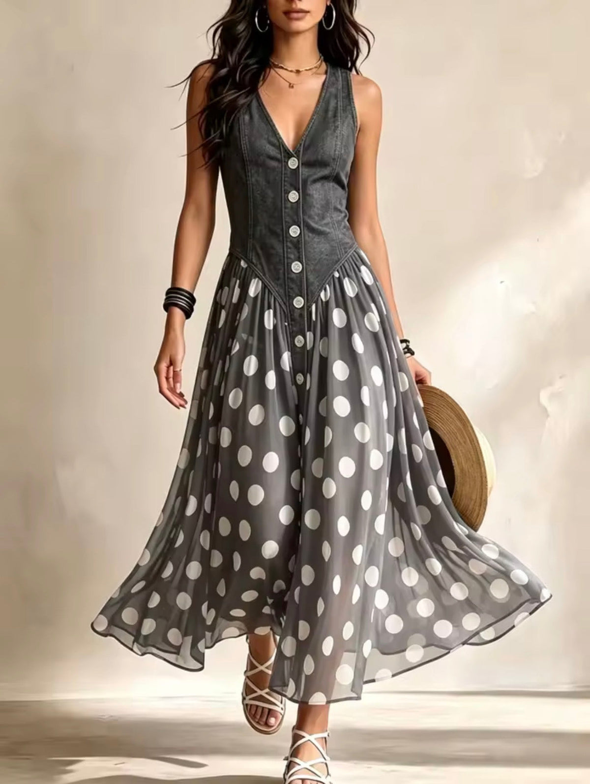 Lynn – Denim Bodice Polka Dot Midi Dress