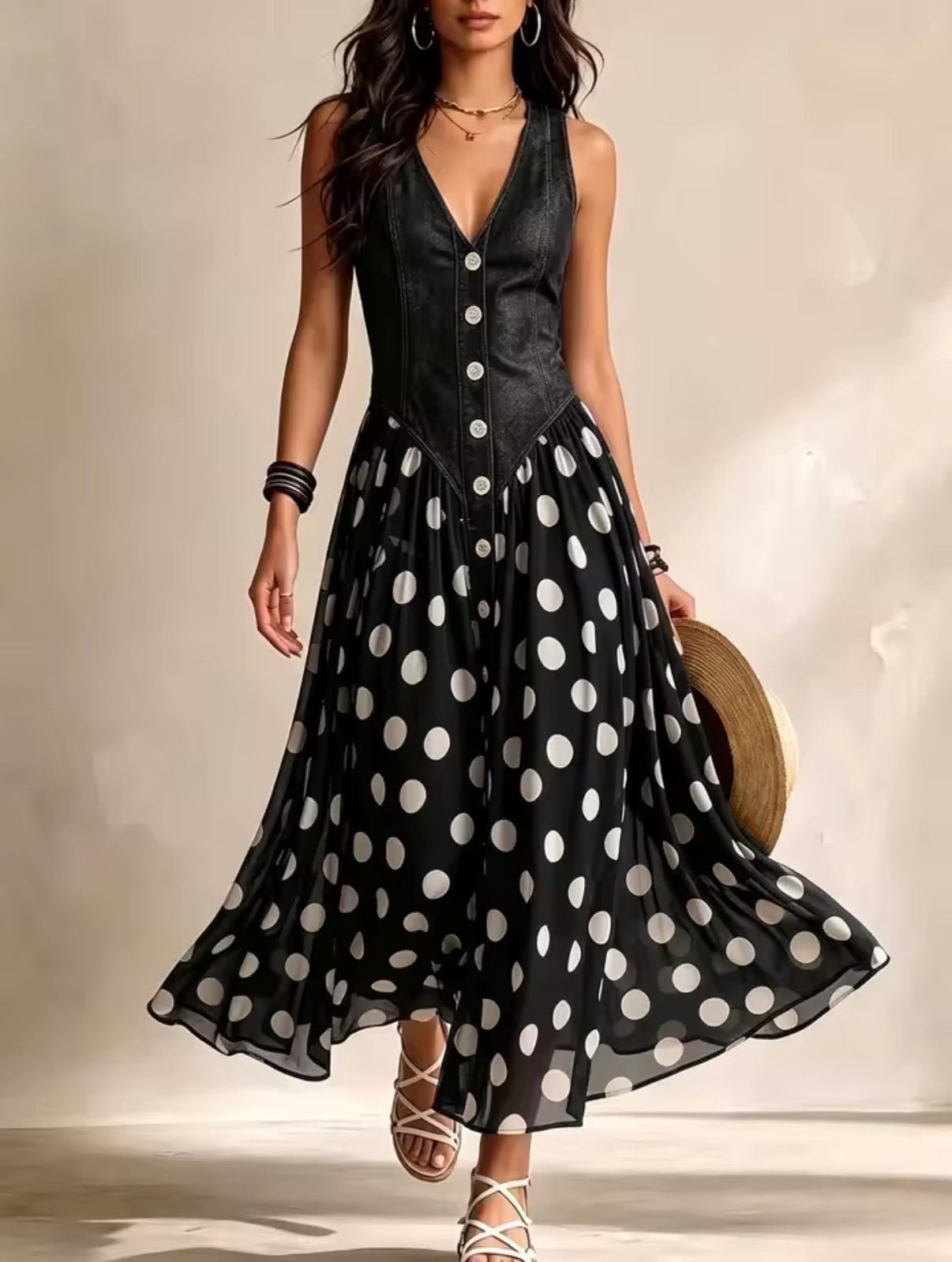 Lynn – Denim Bodice Polka Dot Midi Dress