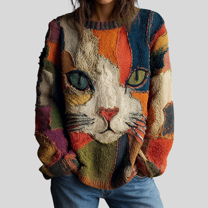 Joyce – Artistic Cat Patchwork Knit Sweater