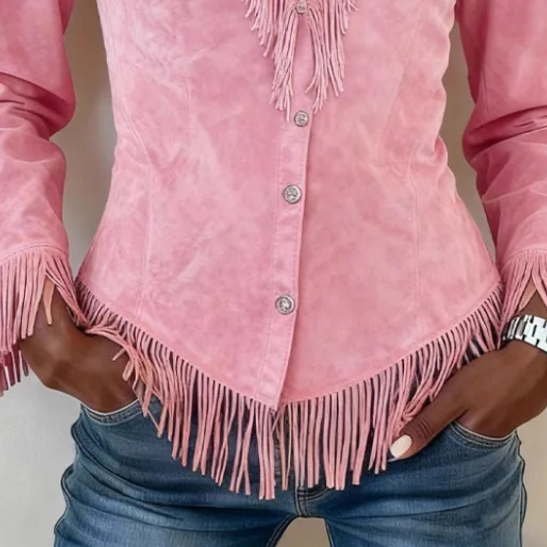 Beatrice | Fringe Suede-Look Button-Up Blouse