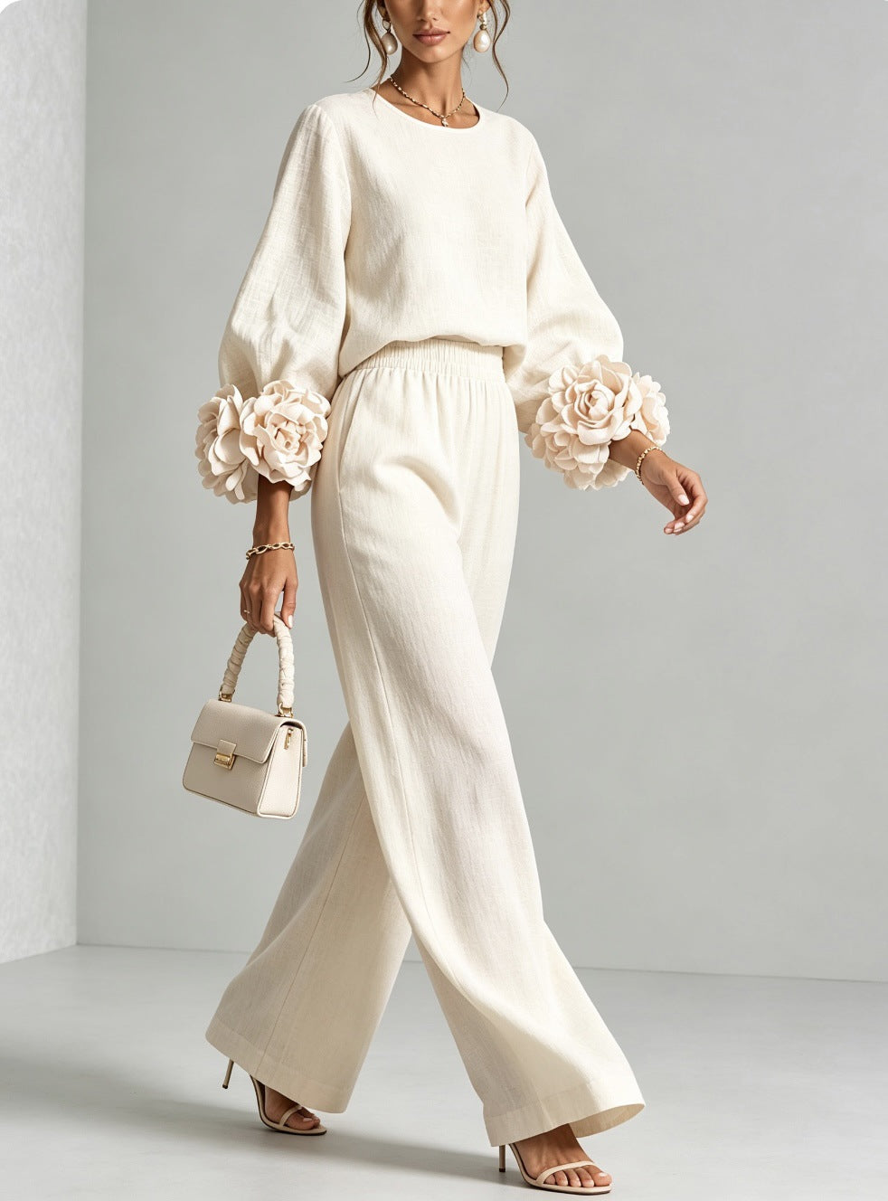 Mae – Floral Cuff Wide-Leg Two-Piece Set