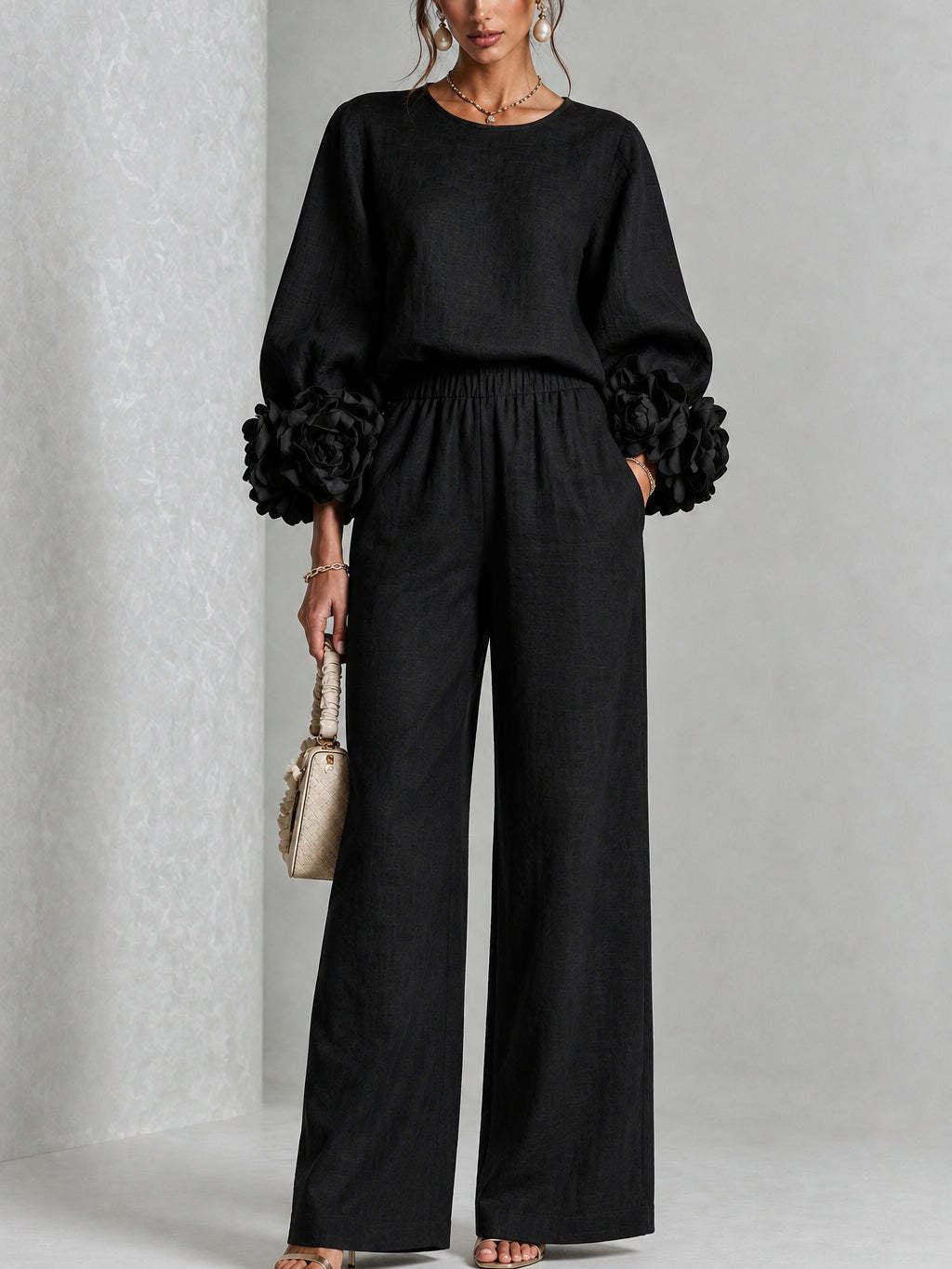 Mae – Floral Cuff Wide-Leg Two-Piece Set