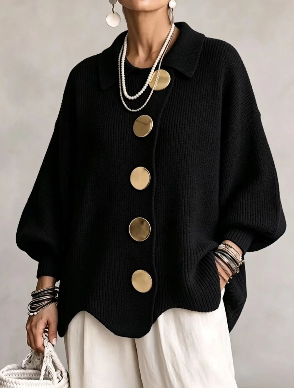Bernice – Oversized Knit Cardigan with Gold Buttons
