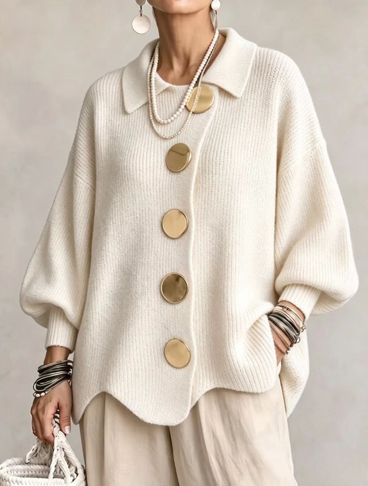Bernice – Oversized Knit Cardigan with Gold Buttons