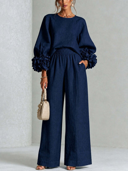 Mae – Floral Cuff Wide-Leg Two-Piece Set