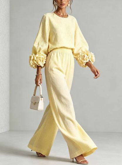 Mae – Floral Cuff Wide-Leg Two-Piece Set