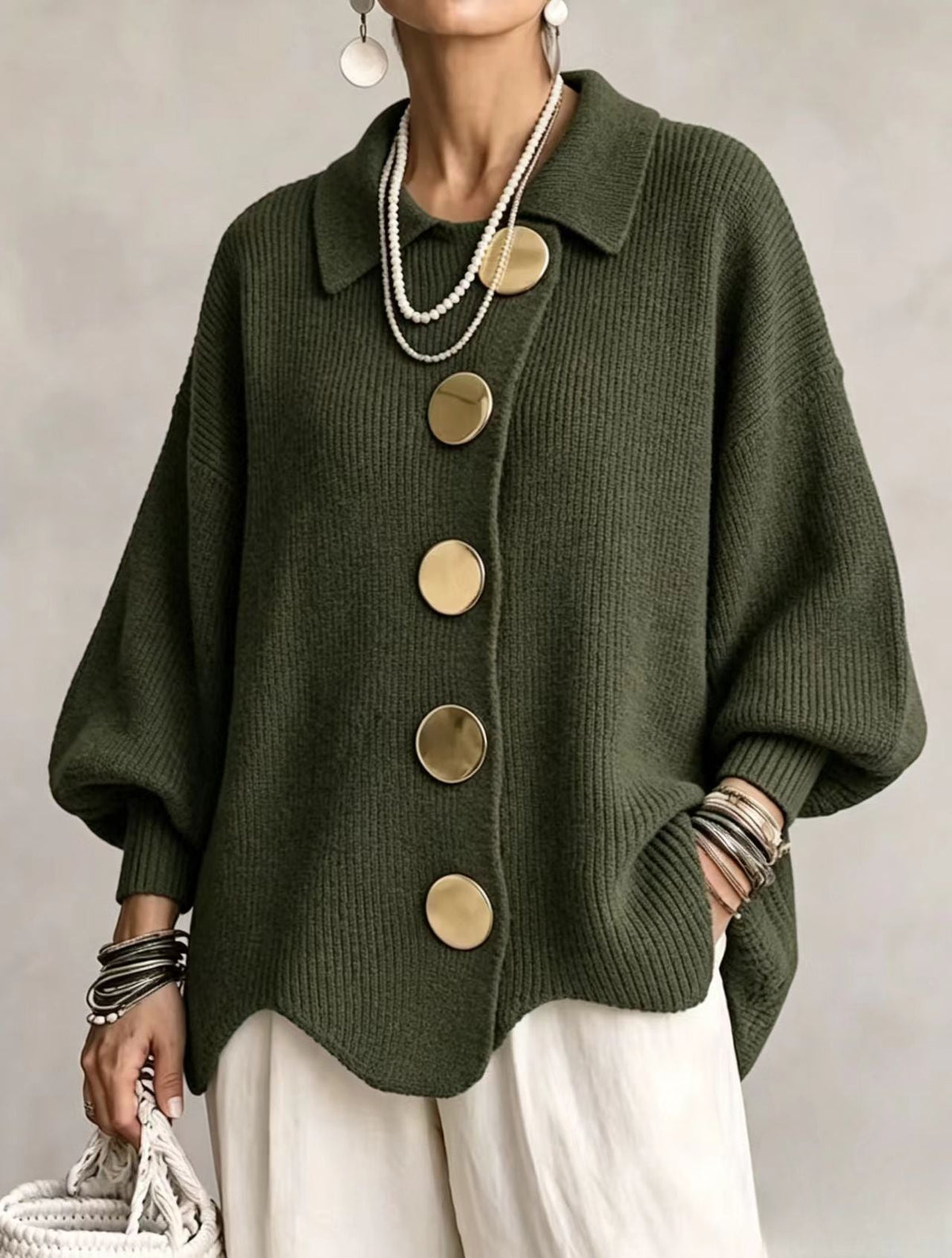 Bernice – Oversized Knit Cardigan with Gold Buttons