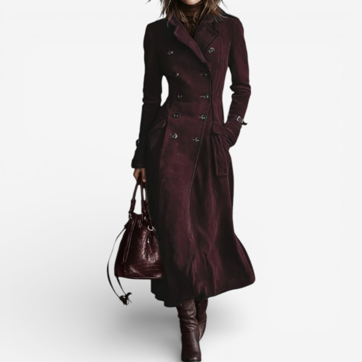 Andrea – Double-Breasted Suede-Look Long Coat