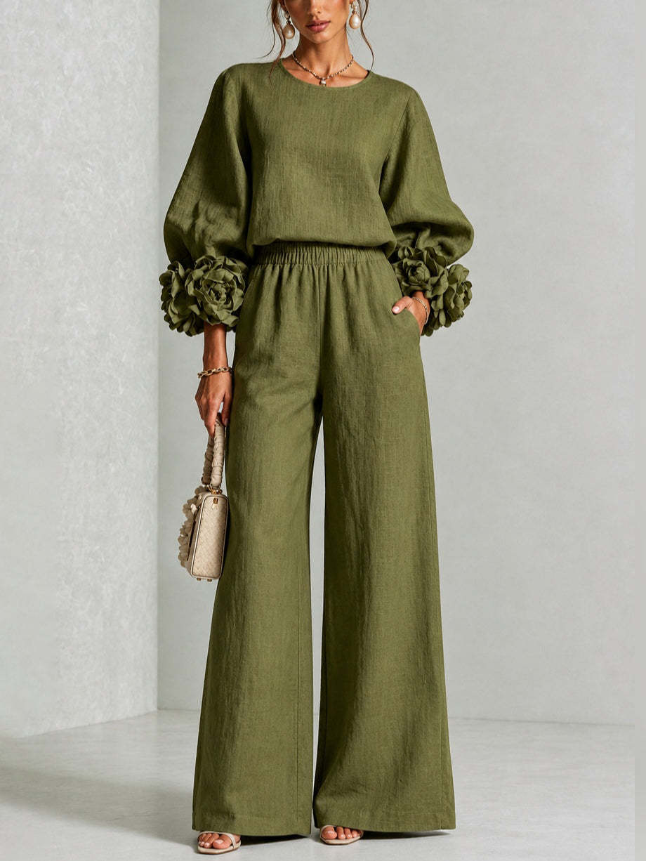 Mae – Floral Cuff Wide-Leg Two-Piece Set