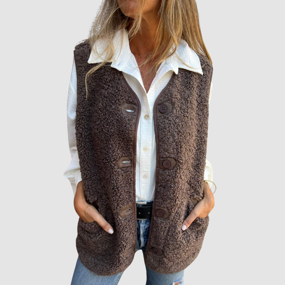 Melinda – Sleeveless Sherpa-Look Button Vest
