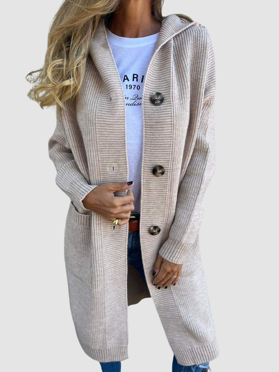 Geraldine – Hooded Knit Button-Front Cardigan