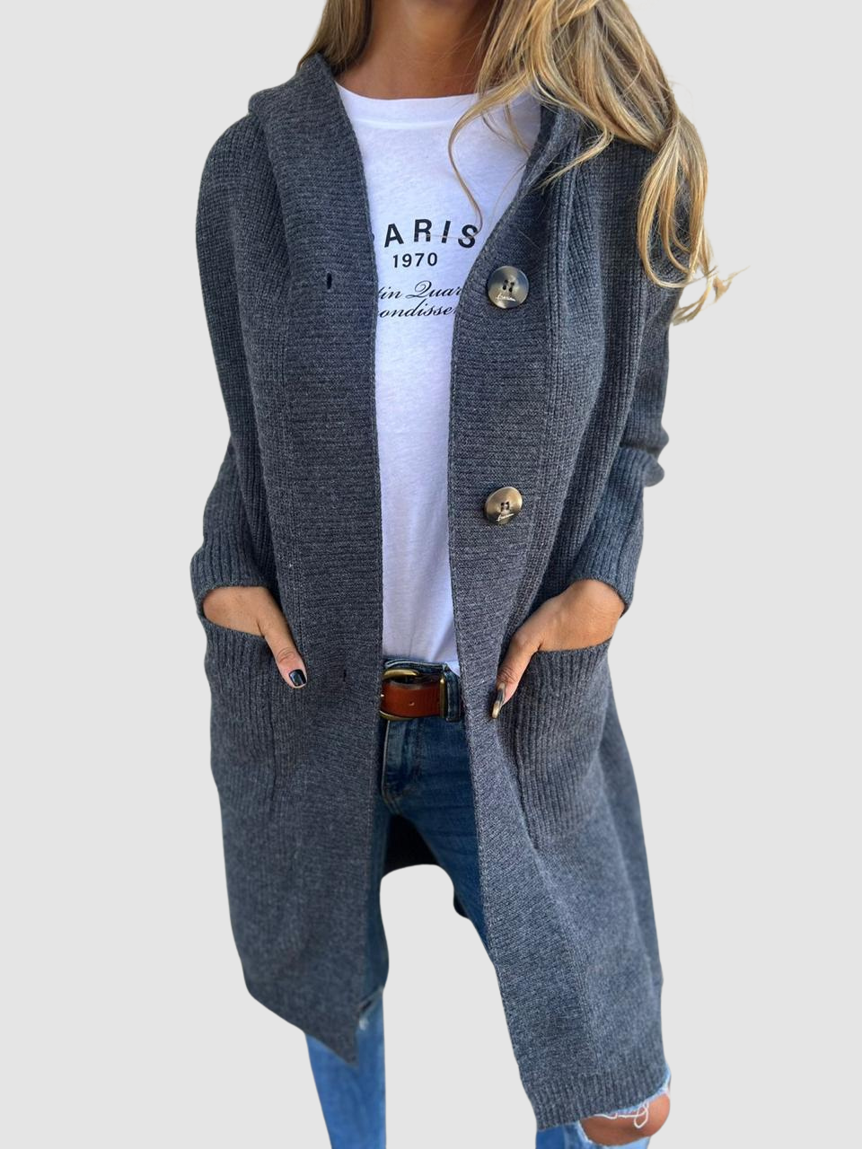 Geraldine – Hooded Knit Button-Front Cardigan