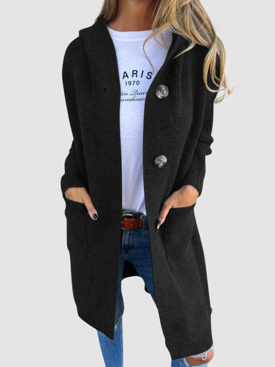 Geraldine – Hooded Knit Button-Front Cardigan