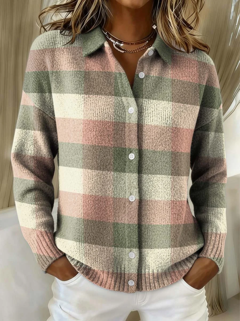 Noreen – Plaid Button-Up Knit Cardigan