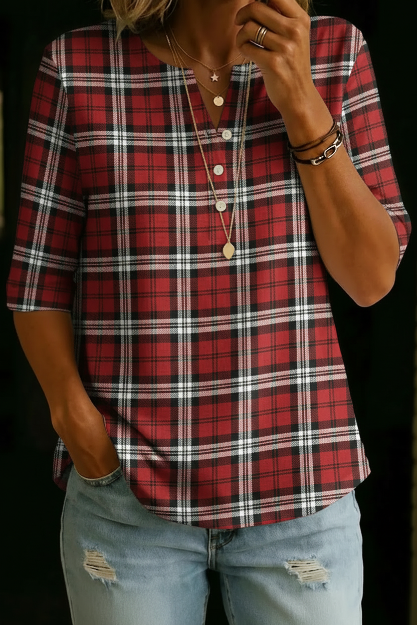 Alexa | Red Plaid Henley Top