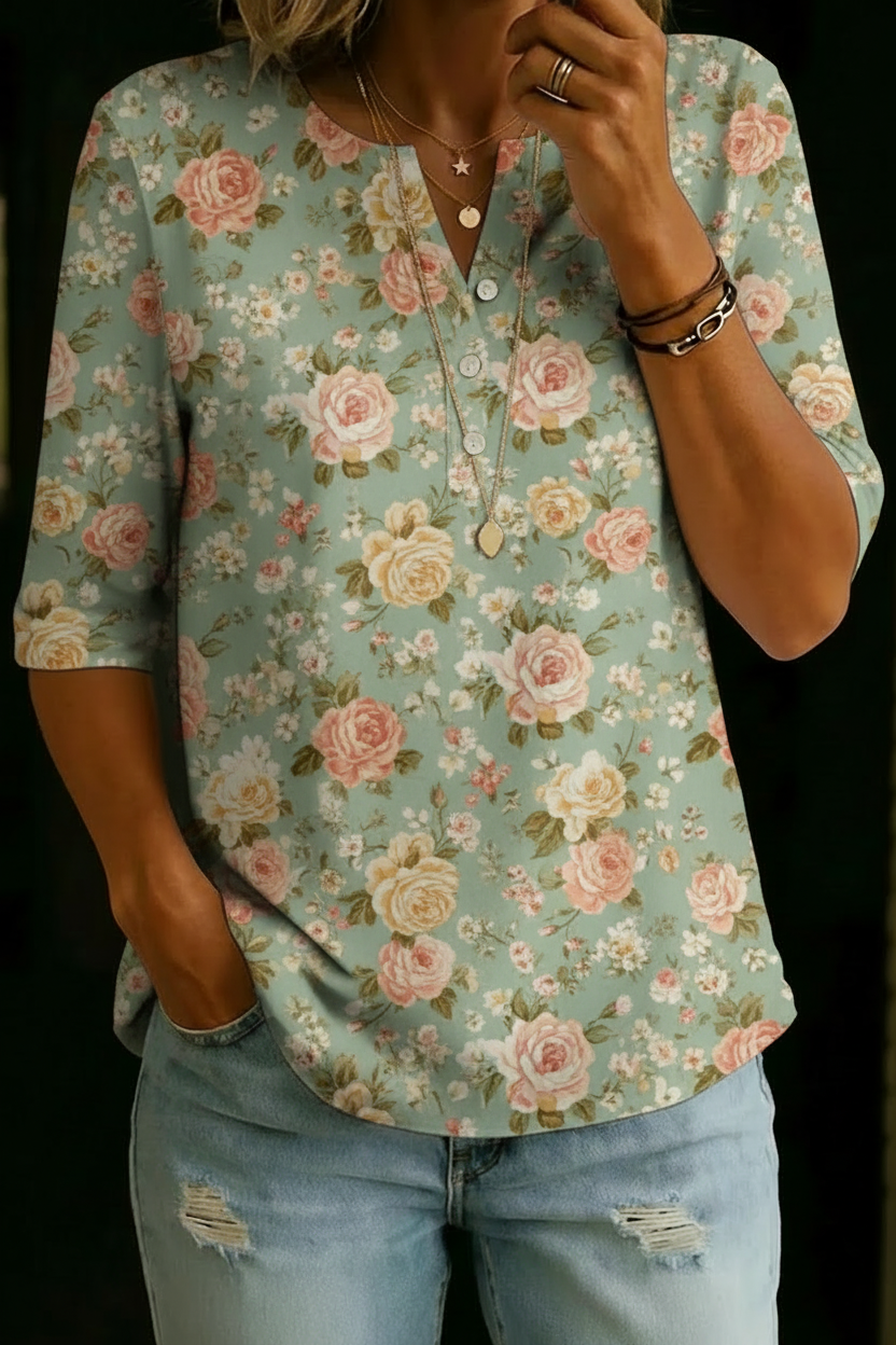 Kinsley | Sage Rose Floral Henley Top
