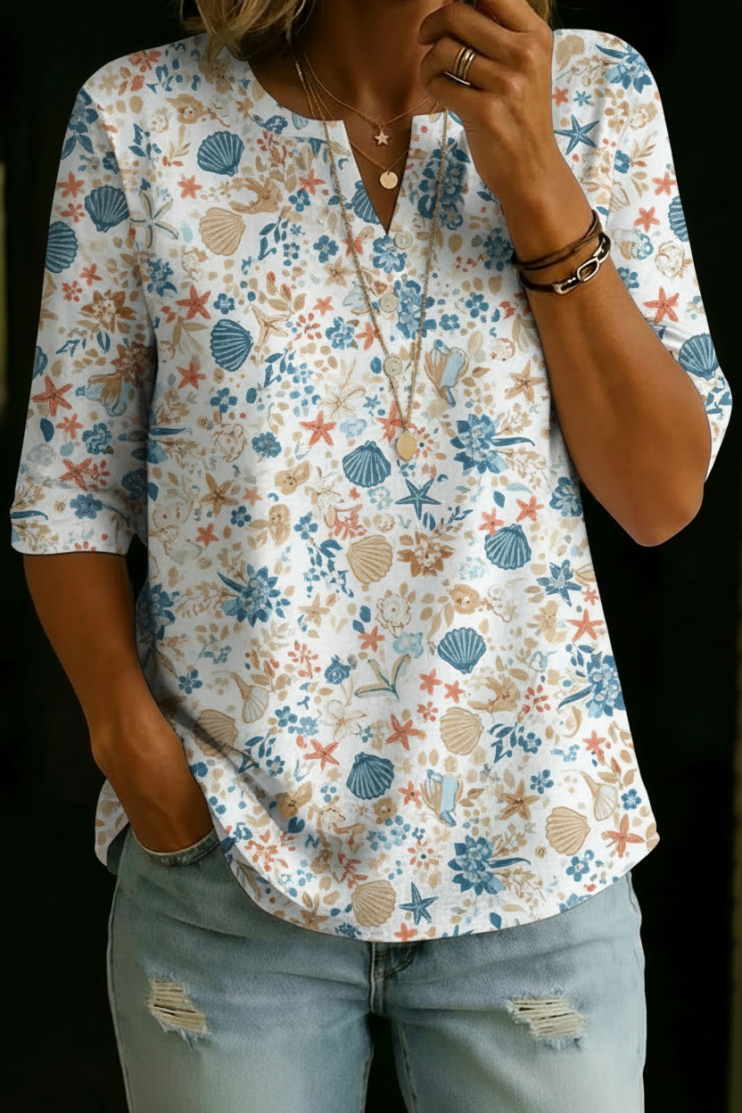 Sarah | Seashell Floral Henley Top