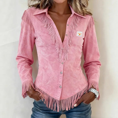 Beatrice | Fringe Suede-Look Button-Up Blouse