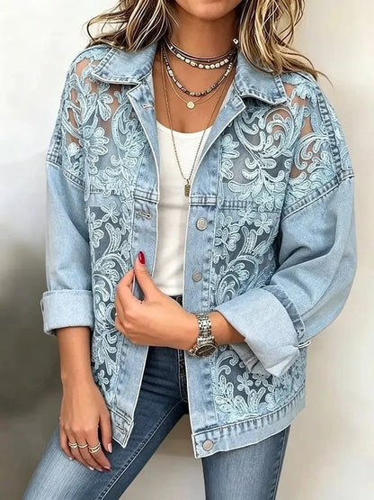 Gretchen – Floral Lace Panel Denim Jacket
