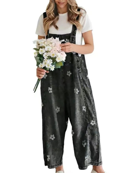 Natalia – Floral Denim Wide-Leg Overalls