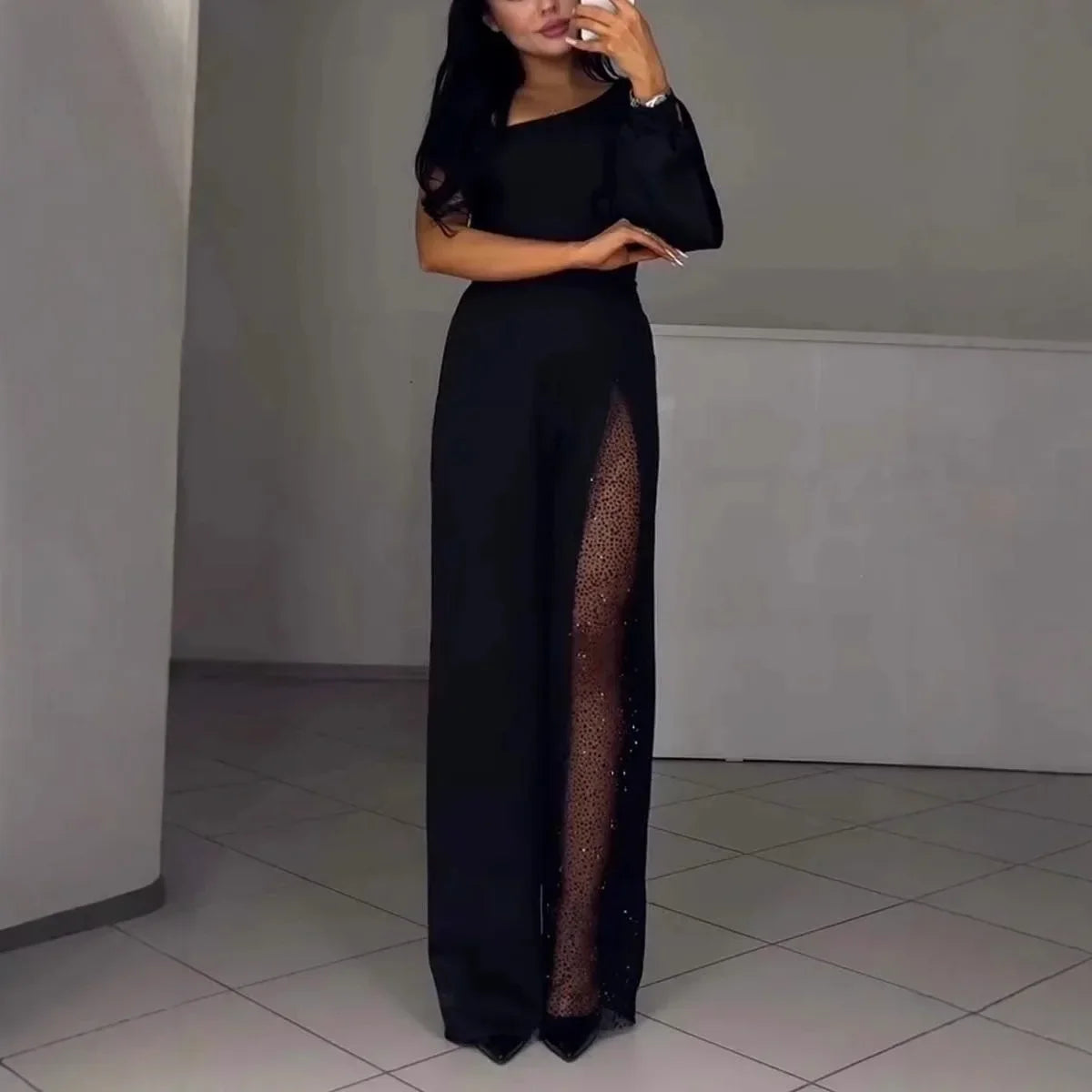 Susan – Elegant Mesh Panel Wide-Leg Jumpsuit