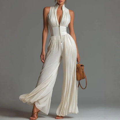 Helen – Pleated Wide Leg Halter Jumpsuit