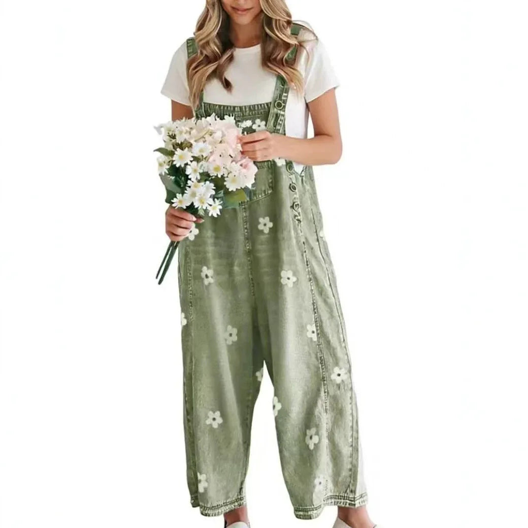 Natalia – Floral Denim Wide-Leg Overalls