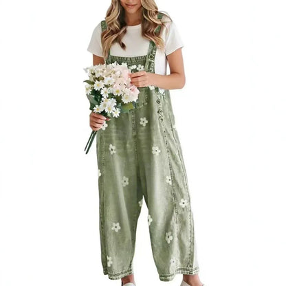 Natalia – Floral Denim Wide-Leg Overalls