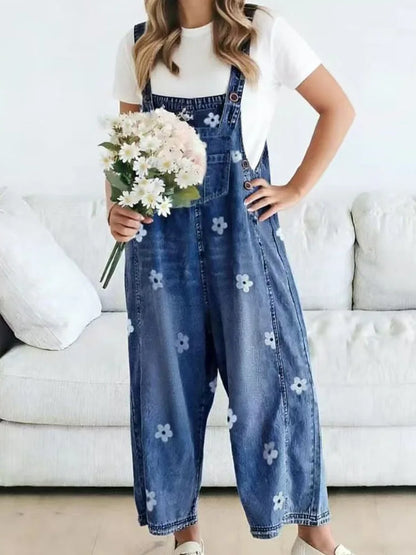 Natalia – Floral Denim Wide-Leg Overalls