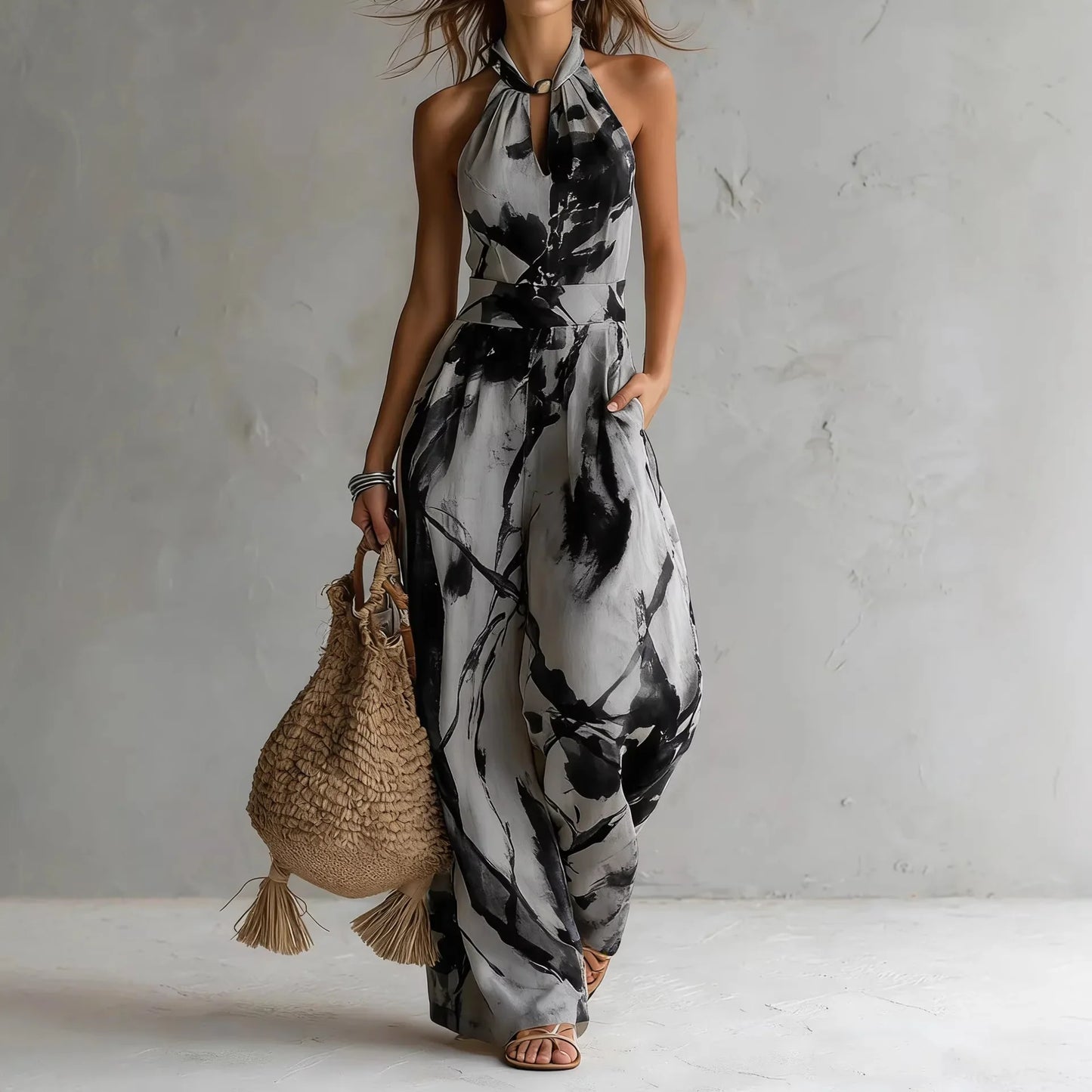 Dorene – Halterneck Wide-Leg Printed Jumpsuit