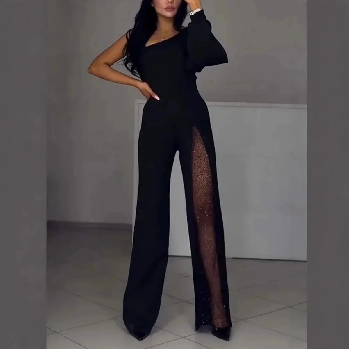 Susan – Elegant Mesh Panel Wide-Leg Jumpsuit