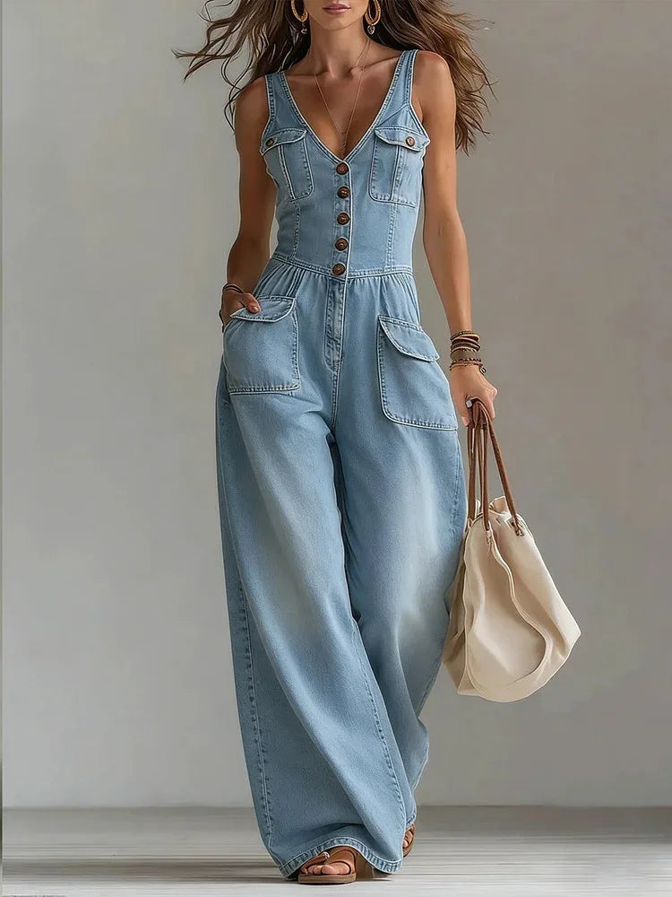 Lucille – Wide Leg Denim-Look Jumpsuit