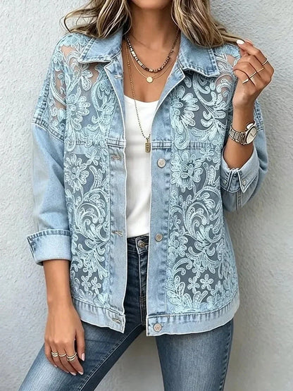 Gretchen – Floral Lace Panel Denim Jacket