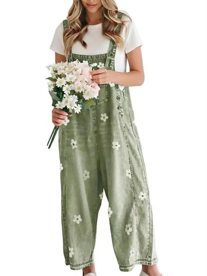 Natalia – Floral Denim Wide-Leg Overalls