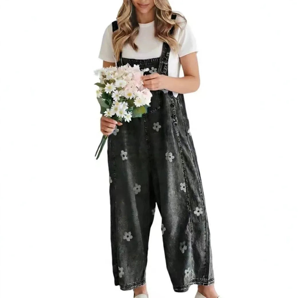 Natalia – Floral Denim Wide-Leg Overalls